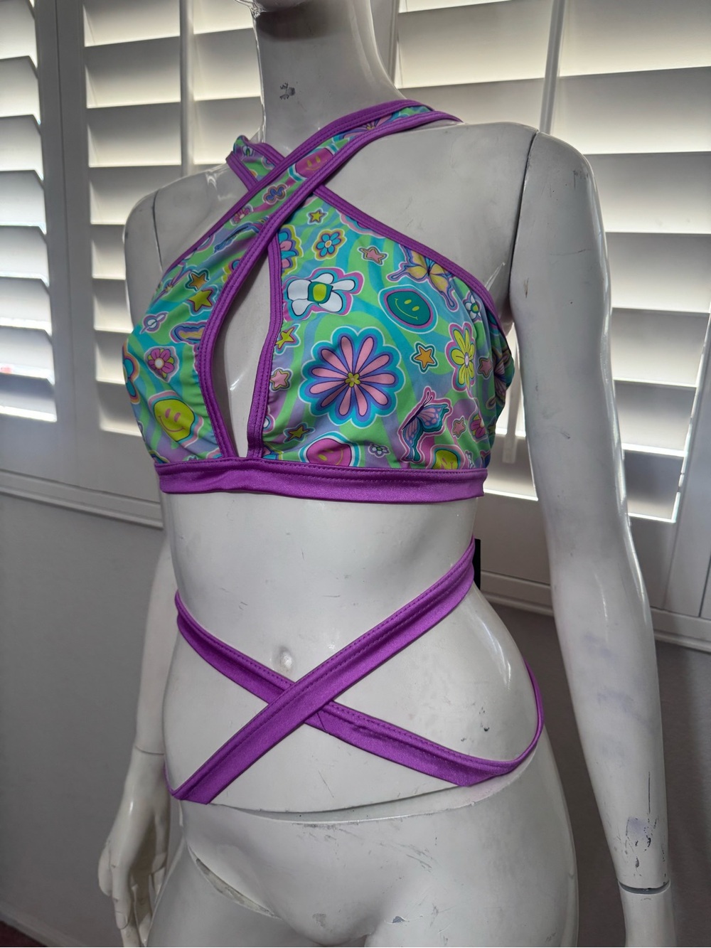 New 3x purple Strappy crop top shirt festival rave raver trippy hippie boho